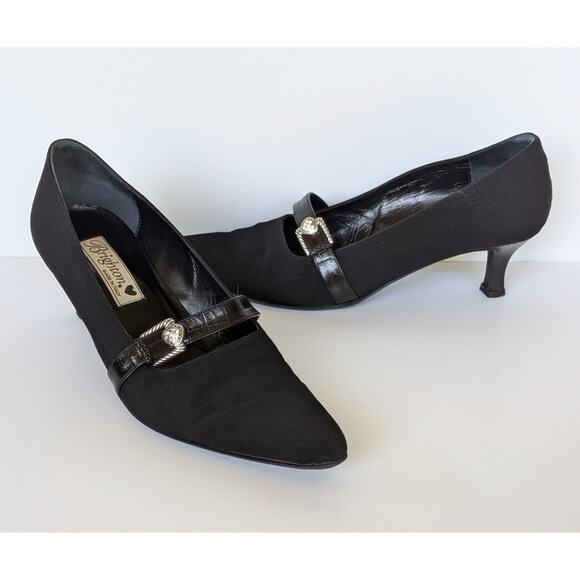 Women's Brighton Black Textile Leather Kitten Heel Pumps Size 8 M - Silver Heart - Picture 1 of 6